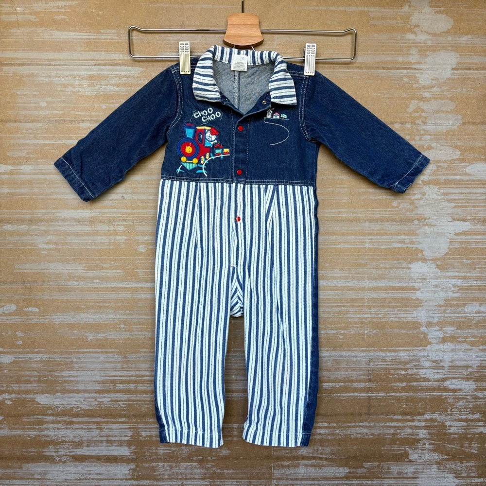 VINTAGE Choo Choo Train Embroidered Denim Coveralls Overalls 90s Y2K Baby 18M